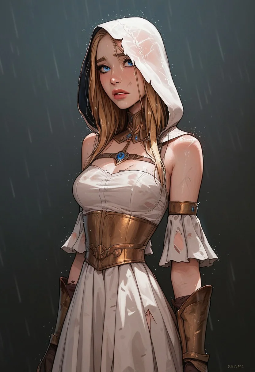 (score_9, score_8_up, score_7_up). (line work, excellent drawing, highest quality, extremely detailed:1.2). solo, 1girl, 24 year old woman, Battle Cleric, saint, vestal, hood, armor, religious, medium breasts, glossy lips, long lashes, blue eyes, blonde hair, innocent, cute face, pale skin, soft skin, scared, slut face, nympho, horseriding skirt, fantasy, dnd, g0thicPXL, romantic, source_cartoon, depth of field, medium distance, cowboy_shot, semirealistic, dynamic angle, side view, in profile, dark background, raining, torn clothes, muddy clothes, pinup pose,