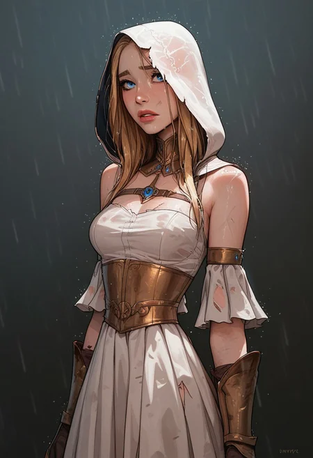 (score_9, score_8_up, score_7_up). (line work, excellent drawing, highest quality, extremely detailed:1.2). solo, 1girl, 24 year old woman, Battle Cleric, saint, vestal, hood, armor, religious, medium breasts, glossy lips, long lashes, blue eyes, blonde hair, innocent, cute face, pale skin, soft skin, scared, slut face, nympho, horseriding skirt, fantasy, dnd, g0thicPXL, romantic, source_cartoon, depth of field, medium distance, cowboy_shot, semirealistic, dynamic angle, side view, in profile, dark background, raining, torn clothes, muddy clothes, pinup pose,