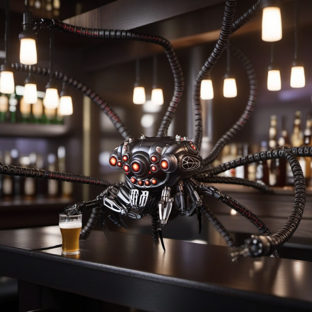 SentinelsMatrix1024, a robot spider having a beer in a pub , highly detailed, photography, ultra sharp, film, bokeh, professional, 64k  <lora:SentinelsMatrix1024:0.8>