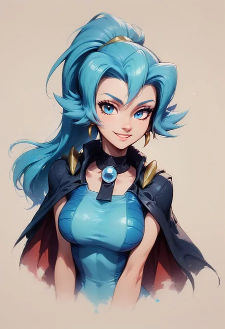 score_9, score_8_up, score_8, big breasts, (curvy), cute, eyelashes,
Faded Headshot, faded bottom, faded edges
head tilt, smile
BREAK,
zzClair, solo, 1girl, long hair, blue hair, blue eyes, ponytail, blue bodysuit, black cape, blue gloves,
BREAK,, zPDXL,