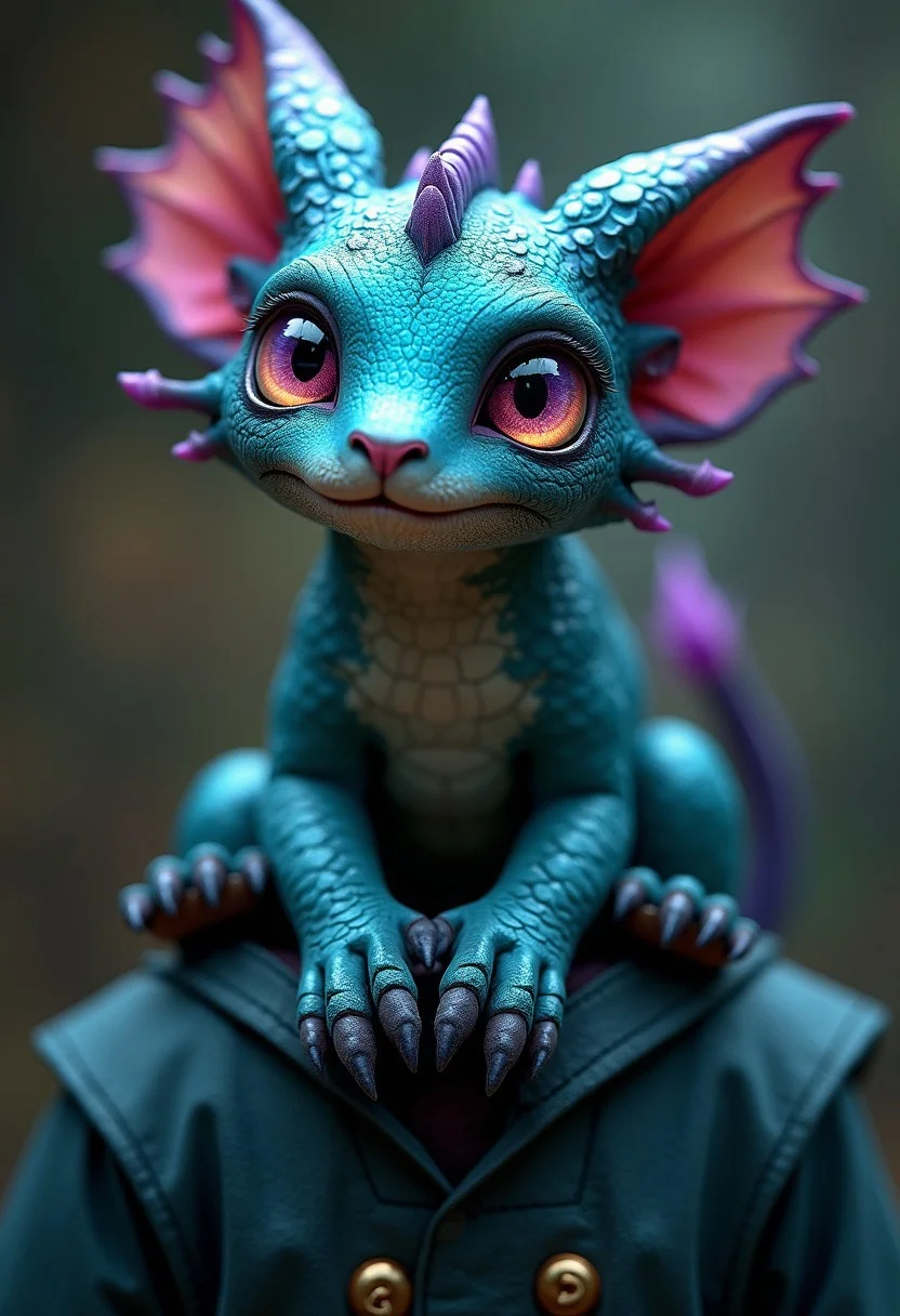 Create an image of an unusual but cool fantasy pet companion. The creature is a mix between a small dragon and a cat, with sleek, shimmering scales that glow faintly in dark shades of teal and violet. It has large, intelligent eyes that shift colors with its emotions, and two small, spiraled horns atop its head. The creature’s wings are leathery yet delicate, resembling those of a bat, and its tail is long with a tuft of fur at the end. The paws are soft with retractable claws, giving it a cat-like grace as it lounges comfortably on a wizard’s shoulder, showing off its playful yet regal demeanor.