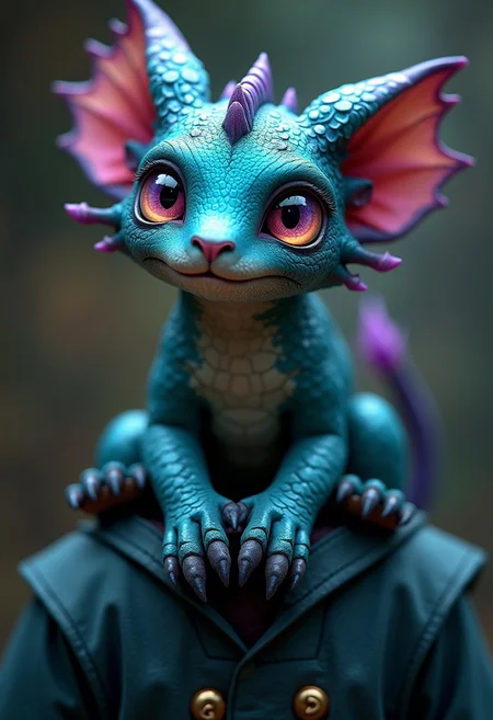 Create an image of an unusual but cool fantasy pet companion. The creature is a mix between a small dragon and a cat, with sleek, shimmering scales that glow faintly in dark shades of teal and violet. It has large, intelligent eyes that shift colors with its emotions, and two small, spiraled horns atop its head. The creature’s wings are leathery yet delicate, resembling those of a bat, and its tail is long with a tuft of fur at the end. The paws are soft with retractable claws, giving it a cat-like grace as it lounges comfortably on a wizard’s shoulder, showing off its playful yet regal demeanor.