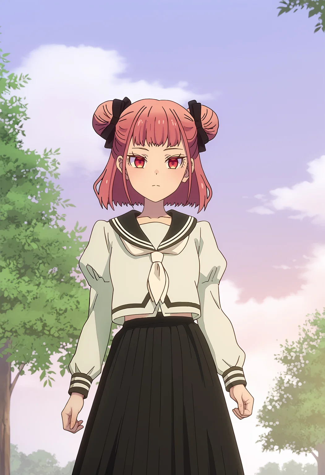<lora:Suzunomiya_Arisu-pony:1>,
Suzunomiya Arisu, solo, hair bun, school uniform, skirt, outdoors, long skirt, serafuku, black skirt, long sleeves, tree, looking at viewer, earrings, sailor collar, neckerchief, cloud, sky, puffy sleeves, shirt, jewelry, closed mouth, black sailor collar, standing, bow, hair bow, white neckerchief, pleated skirt, day