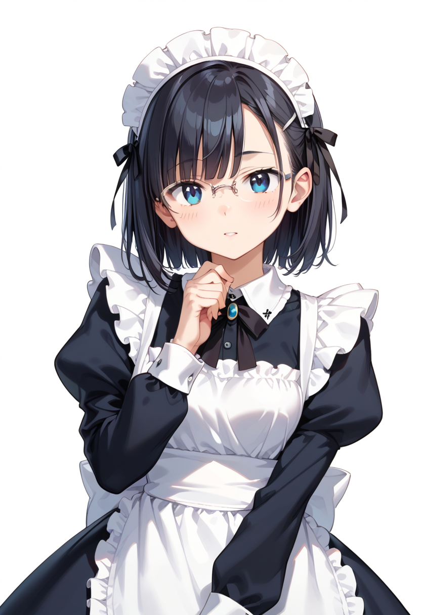 score_9, score_8_up, score_7_up, rating_safe, masterpiece, best quality, absurdres, unity 8k wallpaper, official art, official style, source_anime, uncensored, game cg, megami magazine,
1girl, solo, black hair, medium hair, upper body, covered eyes,maid, maid headdress, black dress, maid apron, face focus,
halfrim17s,  still life, white background, simple background, grey-framed eyewear,
 <lora:glasses_halfrim17S_PONY_V1:1>