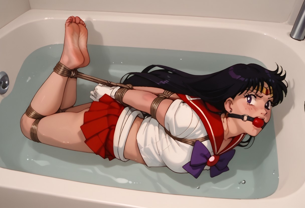 score_9, score_8_up, score_7_up, score_6_up, score_5_up, score_4_up,  source_anime, source_cartoon, 1girl,  solo,<lora:rei-hino-s3-ponyxl-lora-nochekaiser:1>, rei hino, black hair, diadem, long hair, purple eyes, parted bangs, gloves, magical girl, microskirt, pleated skirt, red skirt, sailor senshi uniform, skirt, white gloves, bow, purple bow, sailor collar, red sailor collar,waterfillingbathtub, bathtubbondage, tied up with heavy shibari ropes, arms behind back, bound wrists, legs together, feet together, ballgagged, wet, source_anime, slrmn, hogtied&gagged, underwater, drowning, shadcom