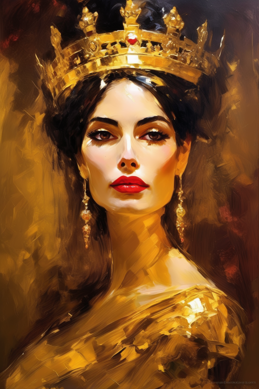 <lora:Andrew Atroshenko Style:1>Andrew Atroshenko Style - The Queen of The Sparkling Kingdom of Gold as a painting