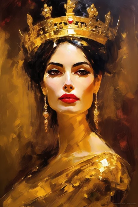 <lora:Andrew Atroshenko Style:1>Andrew Atroshenko Style - The Queen of The Sparkling Kingdom of Gold as a painting
