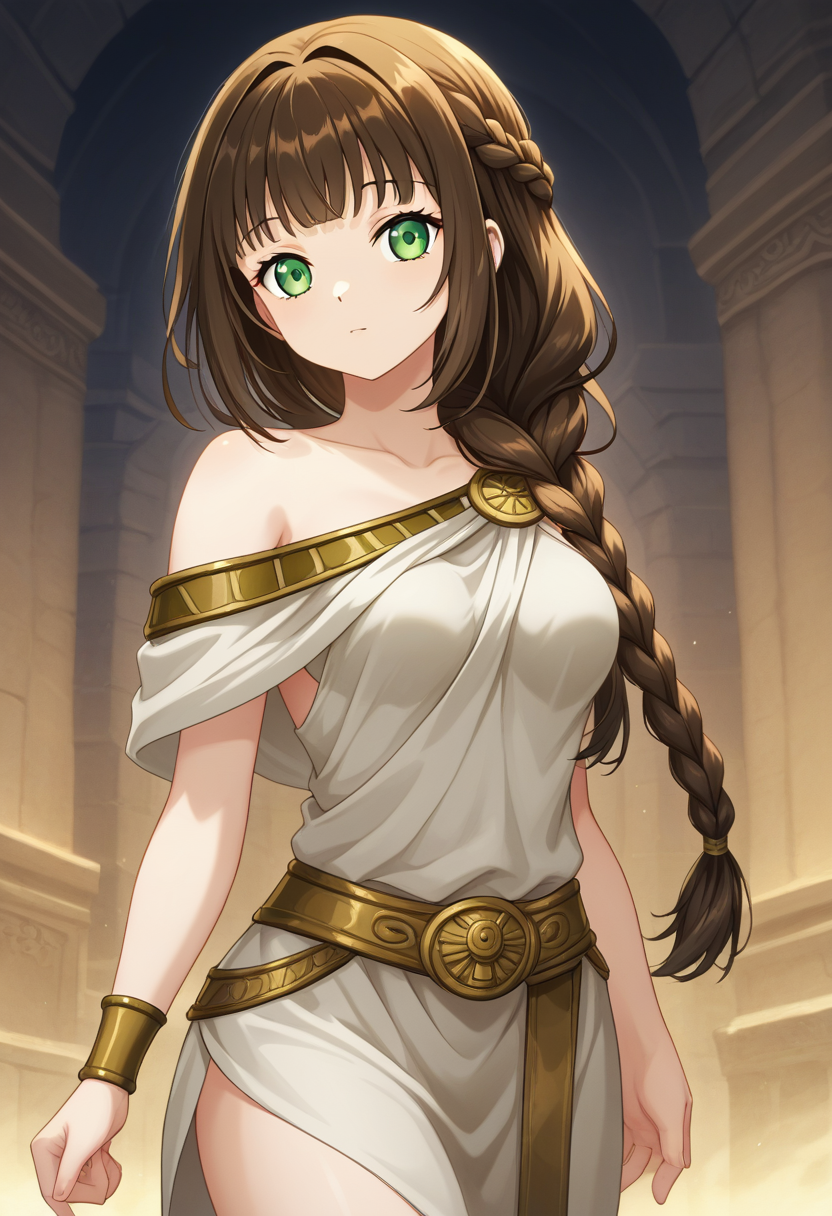 <lora:Rhea-000007:0.8> rh34, brown hair, long hair, choppy bangs, high braid, green eyes, medium breasts, ancient greek clothes, plain toga, shoulder broach, one side off-shoulder,