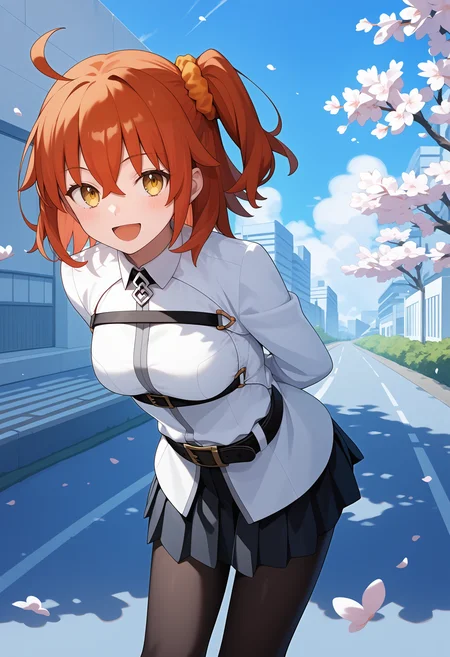 score_9, score_8_up, score_7_up, score_6_up, score_5_up, score_4_up, source_anime, aaritsuka, short hair, orange hair, ahoge, one side up, hair scrunchie, orange scrunchie, yellow eyes, breasts, chaldea uniform, chest harness, white jacket, long sleeves, black belt, pleated skirt, black skirt, black pantyhose, <lora:fujimaru_ritsuka_ponyxl_v1:0.9>, smile, open mouth, standing, cowboy shot, leaning forward, bent over, outdoors, cherry blossoms, arms behind back, road, city