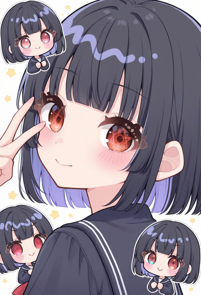 (masterpiece, best quality, newest, absurdres, highres),colorful, 
looking at viewer, 
white background, upper body, looking back, 
1girl,  , short hair, black hair, blunt bangs,  doyagao, school uniform, 
light smile, v-shaped eyebrows, (v over eye, hand up, )
red eyes, empty eyes, heterochromia, 
:>, 
 <lora:Tasuki6918:1.1> Tasuki6918,   <lora:the star of david iris:1> the star of david iris,