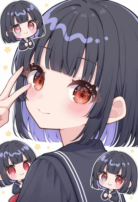 (masterpiece, best quality, newest, absurdres, highres),colorful, 
looking at viewer, 
white background, upper body, looking back, 
1girl,  , short hair, black hair, blunt bangs,  doyagao, school uniform, 
light smile, v-shaped eyebrows, (v over eye, hand up, )
red eyes, empty eyes, heterochromia, 
:>, 
 <lora:Tasuki6918:1.1> Tasuki6918,   <lora:the star of david iris:1> the star of david iris,