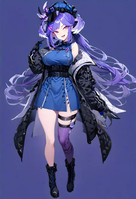 masterpiece, best quality, ultra-detailed, beautiful, nai3, 1girl, solo, full_body, tachi-e,
selen tatsuki, boots, dress, tail, dragon tail, hat, blue dress, official alternate costume, dragon girl, sleeveless, ponytail, belt, smile, gloves, long hair, breasts, open mouth, very long hair, thigh strap, simple background, hair ornament, jacket, bangs, hairclip, fang, wings, black footwear, looking at viewer, black belt, pointy ears,