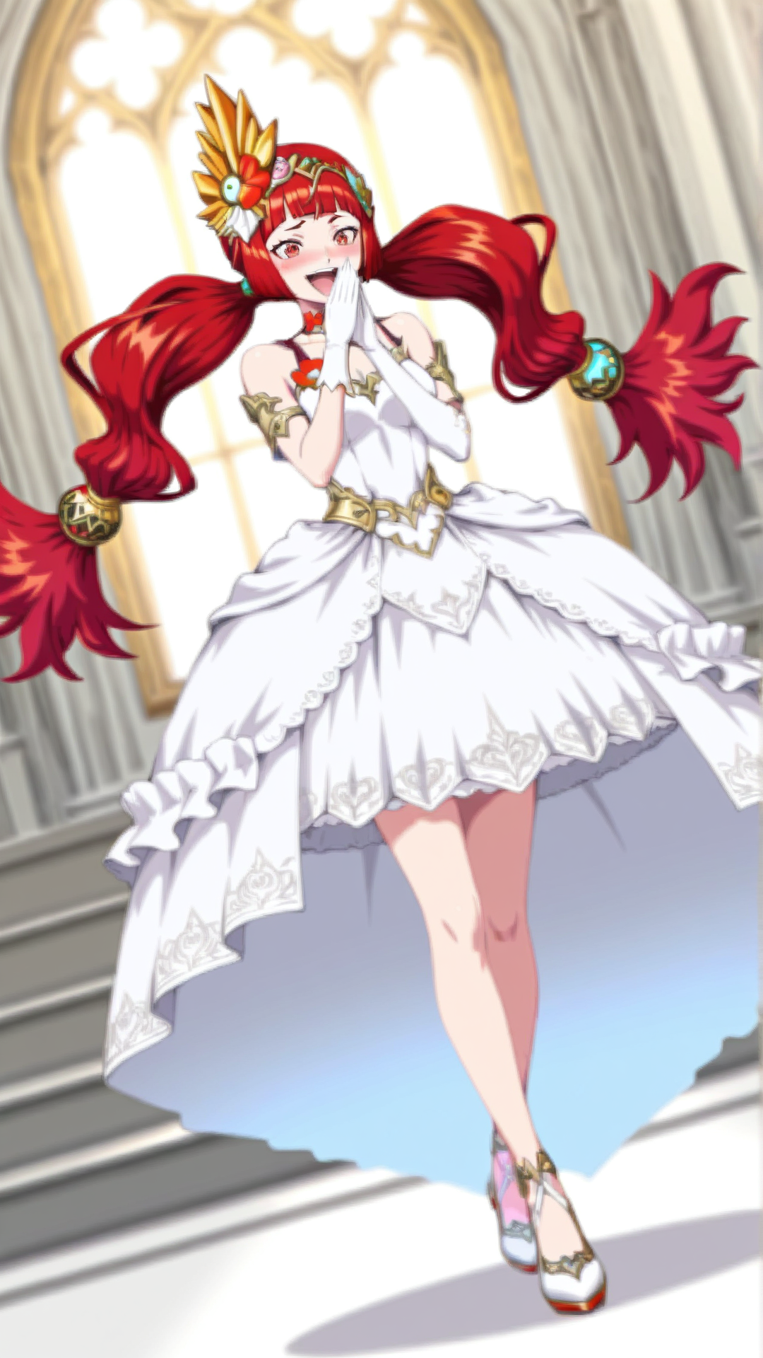 source_anime, general, best quality, masterpiece, 1girl,  <lora:Macba_ill_v1.0:1> macba\(scarlet grace\),red hair, long hair, red eyes,twintails, hair ornament, blunt bangs, wedding dress,chapel, laughing, (embarrassed:0.8),  dynamic pose, dutch angle, full body,