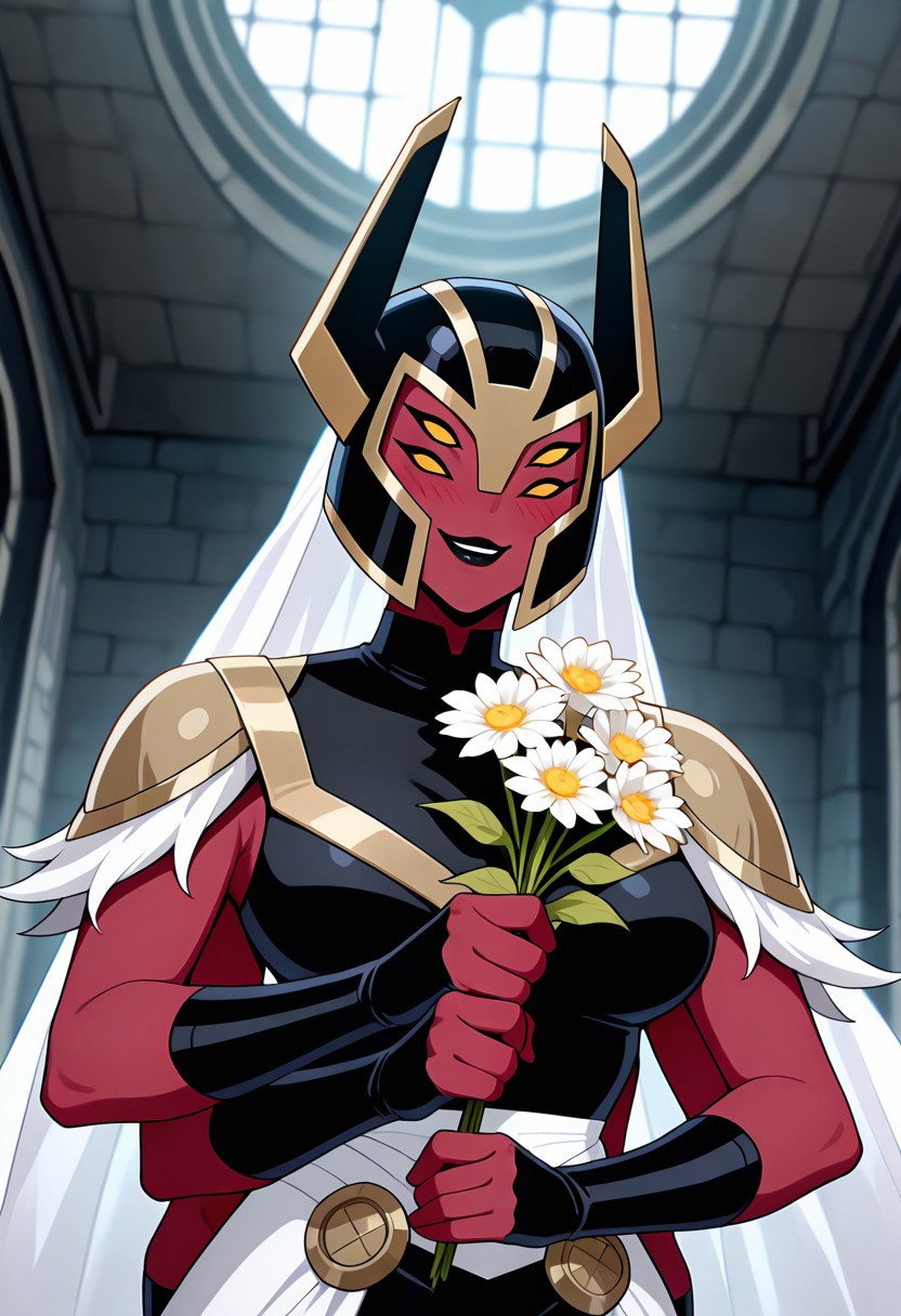 ((screencap, cartoon)) , masterpiece, best quality, amazing quality, very aesthetic, absurdres, newest,
looma,  red skin, solo, , yellow sclera,, extra eyes, , extra arms, facial expression, expressive face, black lips,
wedding dress, blushing, smiling, holding flowers, round face
helmet, armor, horns,