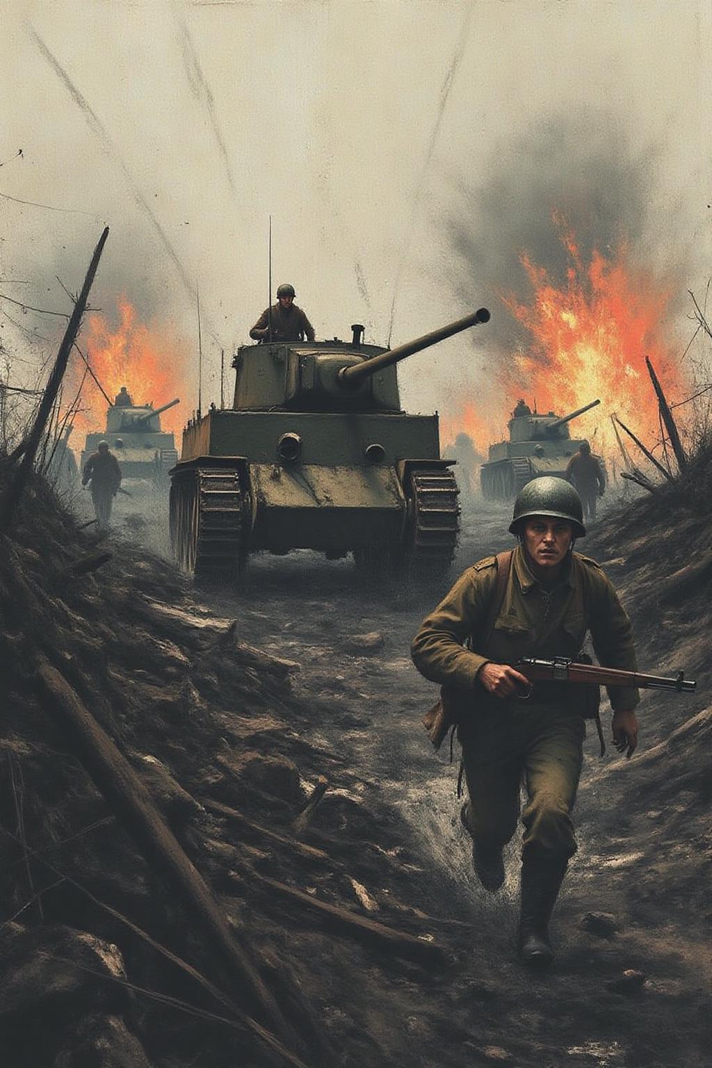 apoca1 illustration. A dramatic and intense World War 1 scene featuring a British soldier running alongside a lumbering Mark I tank amidst a chaotic battlefield. The soldier, dressed in the iconic khaki uniform, steel helmet, and carrying a rifle with a fixed bayonet, sprints through the smoky, debris-filled terrain. His face is a mix of determination and urgency as dirt and shrapnel fill the air. The tank, with its massive caterpillar tracks and riveted armor, rolls forward, crushing barbed wire and debris under its weight. Explosions erupt all around, casting fiery bursts of orange and yellow light, contrasted by thick clouds of smoke and mud. The ground is uneven and churned up, scattered with craters and remnants of destroyed equipment. In the background, faint silhouettes of other soldiers and additional tanks emerge through the haze, while streaks of artillery fire trace the sky. The atmosphere is gritty and visceral, capturing the chaos and bravery of the battlefield during World War I  <lora:apocalypse_now4_nocap_d4a2:1.0><lora:803166018575800362:0>