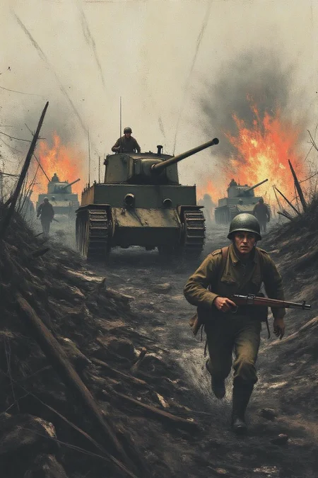 apoca1 illustration. A dramatic and intense World War 1 scene featuring a British soldier running alongside a lumbering Mark I tank amidst a chaotic battlefield. The soldier, dressed in the iconic khaki uniform, steel helmet, and carrying a rifle with a fixed bayonet, sprints through the smoky, debris-filled terrain. His face is a mix of determination and urgency as dirt and shrapnel fill the air. The tank, with its massive caterpillar tracks and riveted armor, rolls forward, crushing barbed wire and debris under its weight. Explosions erupt all around, casting fiery bursts of orange and yellow light, contrasted by thick clouds of smoke and mud. The ground is uneven and churned up, scattered with craters and remnants of destroyed equipment. In the background, faint silhouettes of other soldiers and additional tanks emerge through the haze, while streaks of artillery fire trace the sky. The atmosphere is gritty and visceral, capturing the chaos and bravery of the battlefield during World War I <lora:apocalypse_now4_nocap_d4a2:1.0><lora:803166018575800362:0>