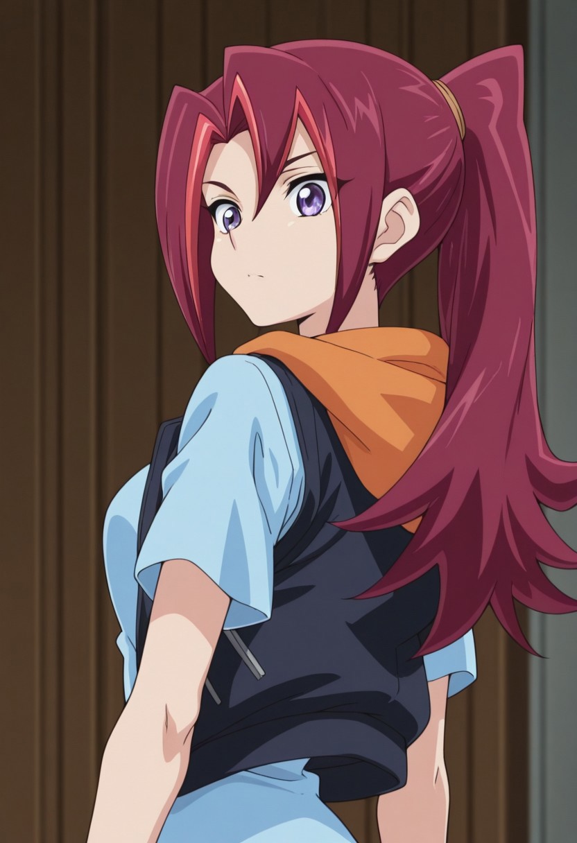 masterpiece,best quality,amazing quality, source_anime, 
KariTsukumo, 1girl, solo, purple eyes, red hair, long hair, ponytail, multicolored hair, shirt, blue shirt, short sleeves, jacket, hood, sleeveless jacket,