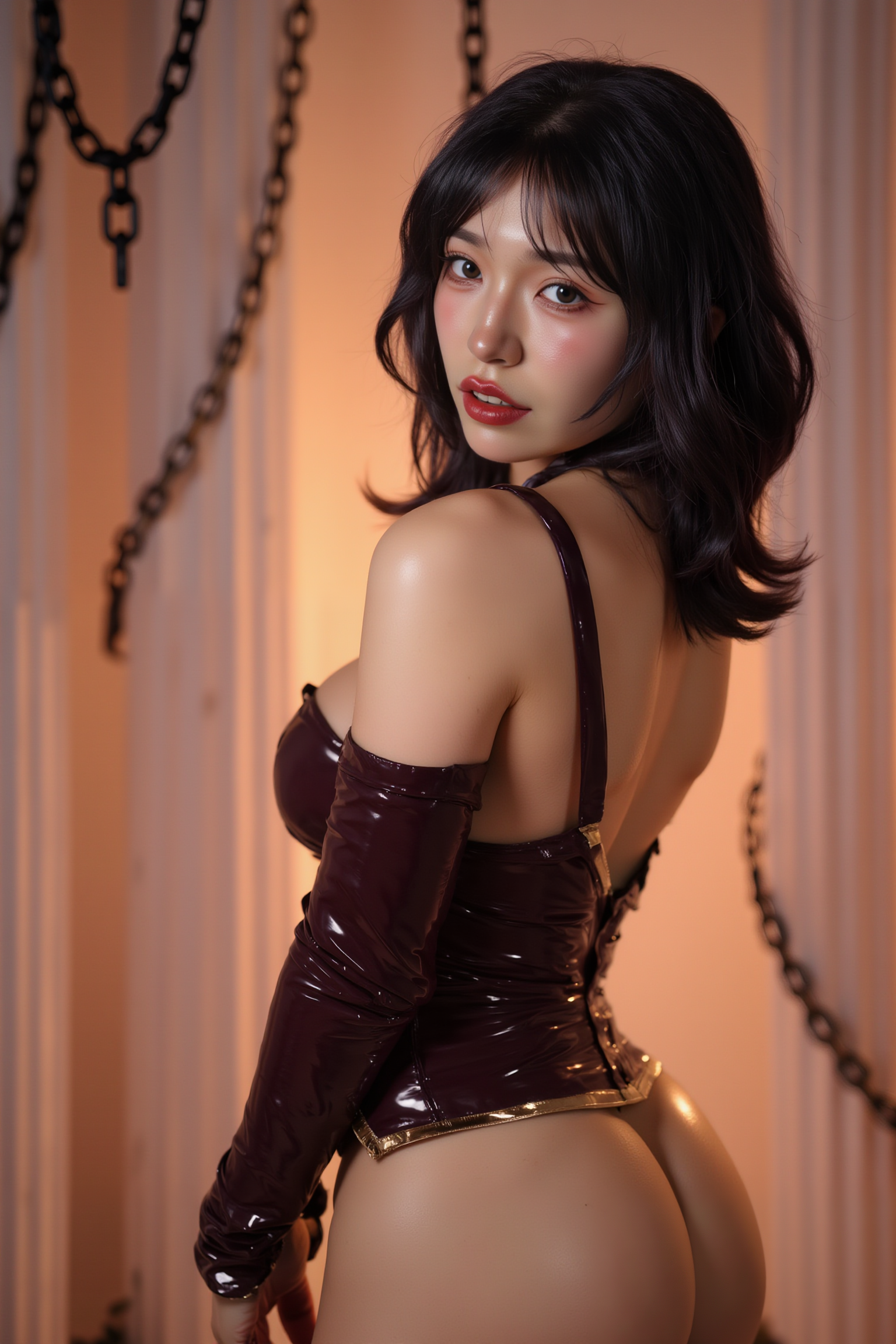 A professional, high-resolution image of a young woman in an elegant twisting pose, with her back partially to the camera and head turned over her shoulder. This sophisticated position creates a beautiful S-curve through the spine while defining the waistline and showcasing the profile of the face in a flattering manner.

She is wearing a SGWN56Clothing. Her makeup is dramatic, with dark eyeliner and bold, glossy pink lips. 

The lighting features a high-contrast, monochromatic white color scheme that creates a moody, intimate atmosphere. 

The photography technique uses what appears to be soft lighting to create a glamorous effect, with careful attention to highlighting contours while maintaining the dominant light brown color scheme throughout the frame.

The overall aesthetic combines elements of fashion photography, traditional Asian visual motifs, and contemporary boudoir styling. The dramatic light brown lighting creates a cohesive visual theme that ties all elements of the composition together.

The white light emit on her to show her feature.