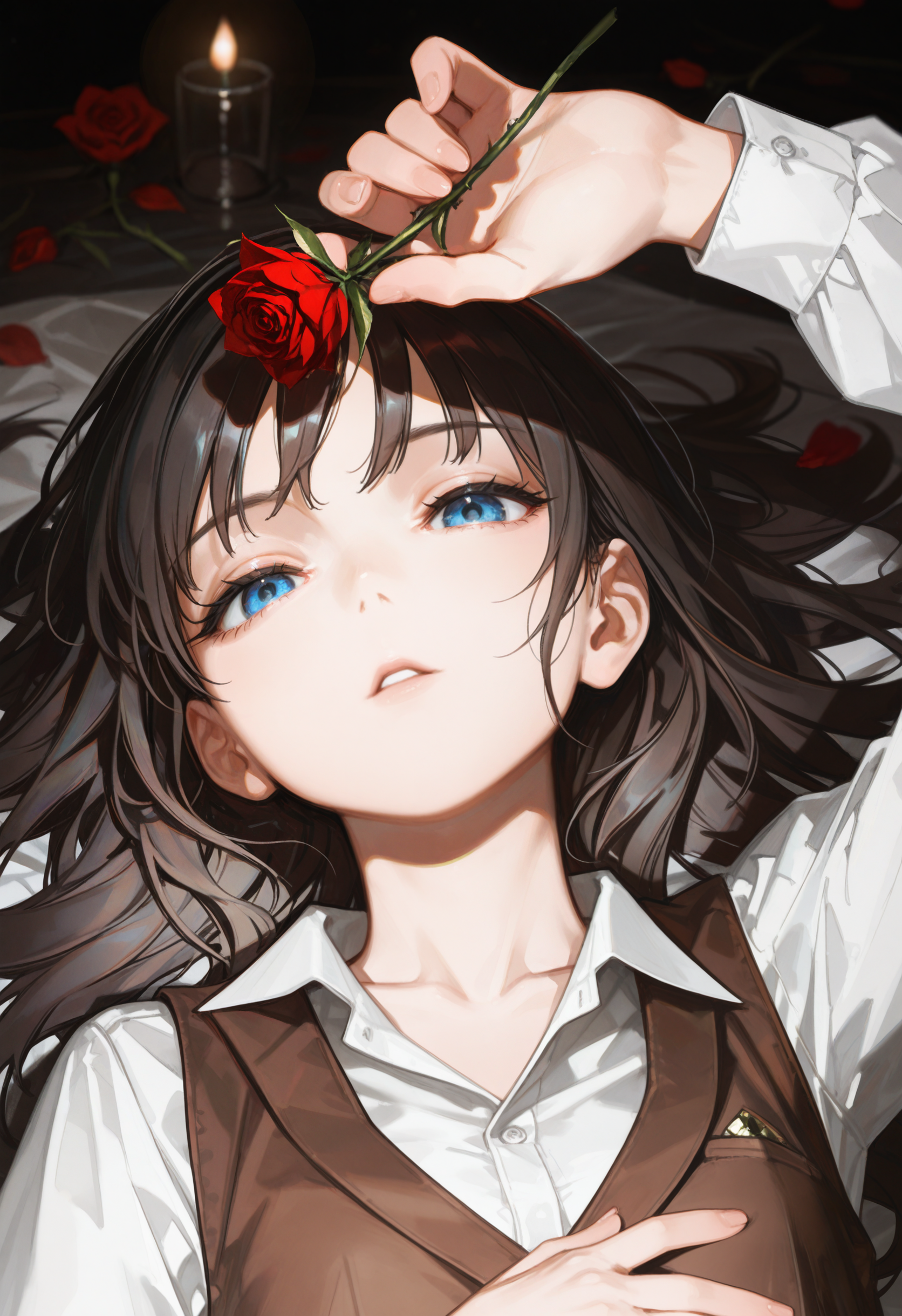 embedding:lazypos, 1girl, solo, lying, on back, parted lips, dark hair, long hair, looking at viewer, holding rose, blue eyes, half-closed eyes, white collared shirt, brown vest, upper body, dim