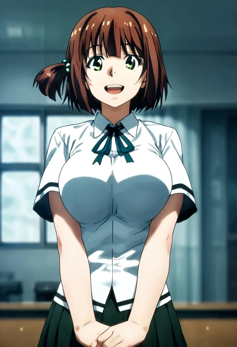 score_9_up, score_8_up, score_7_up, best quality, masterpiece, source_anime, ichinosetouko, 1girl, solo breasts, large breasts, school uniform, school, anime coloring, shirt, looking at viewer, ribbon, one side up, open mouth, side ponytail, low view, smile