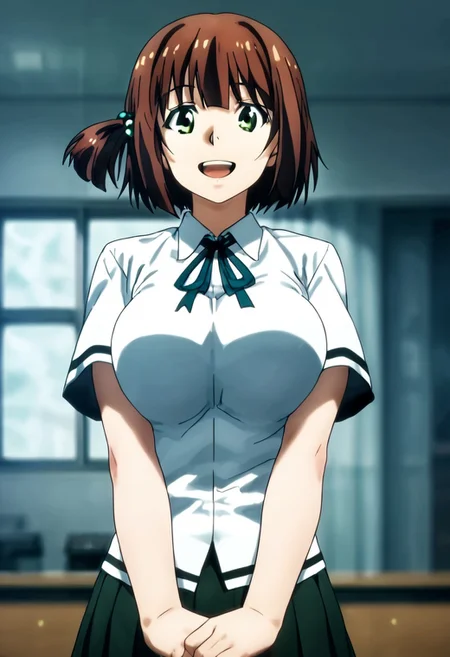 score_9_up, score_8_up, score_7_up, best quality, masterpiece, source_anime, ichinosetouko, 1girl, solo breasts, large breasts, school uniform, school, anime coloring, shirt, looking at viewer, ribbon, one side up, open mouth, side ponytail, low view, smile