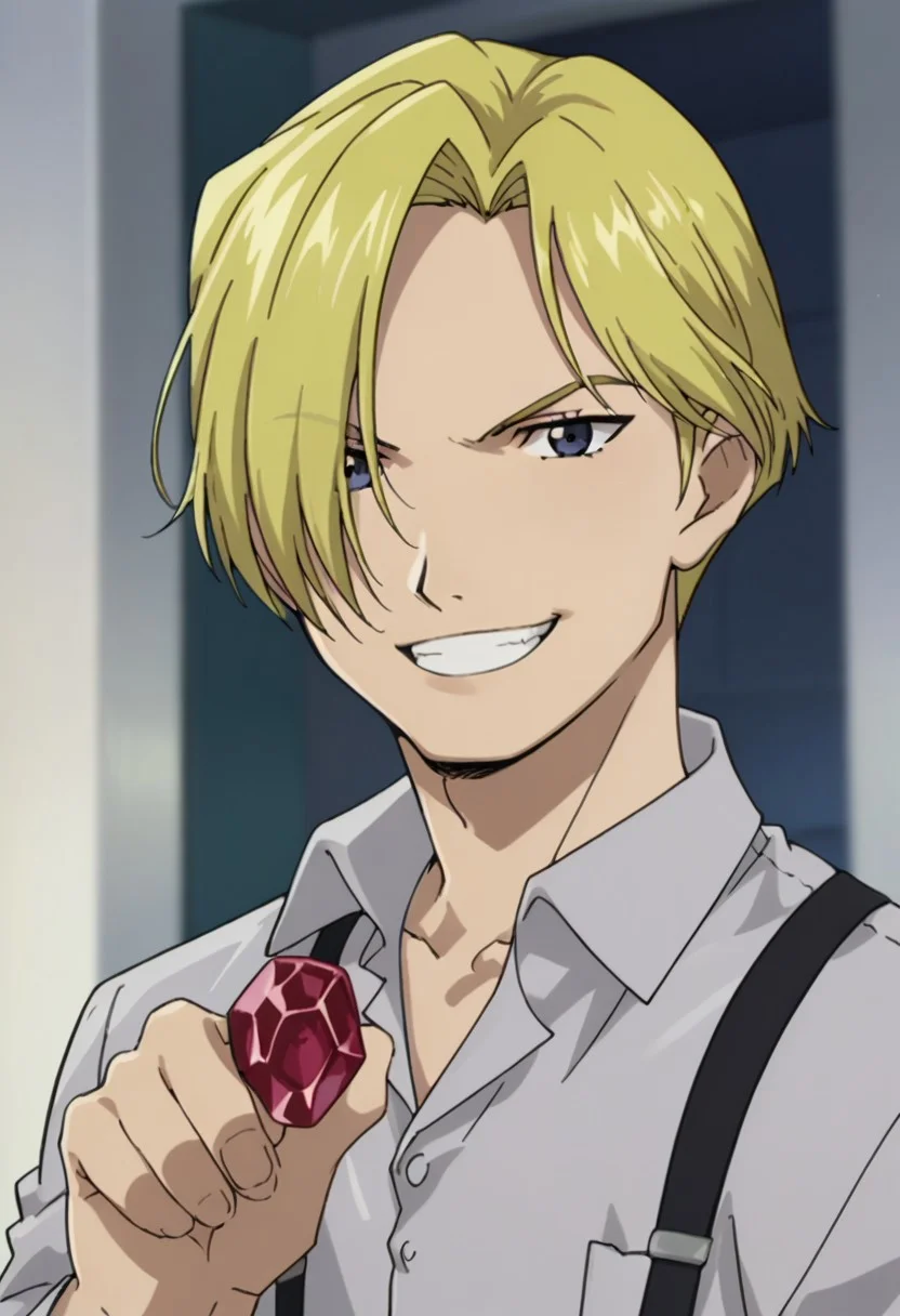 score_9, score_8_up, score_7_up, source_anime, highly detailed,
russelltringham, 1boy, solo, male focus, blonde hair, blue eyes, smile, hair over one eye, grin,
holding, parody, looking at viewer, holding gem, red gem, upper body, suspenders, shirt, collared shirt,