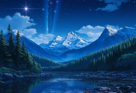 anime, kanime, Shinkai Makoto style,
masterpiece, best quality, high quality, intricate, absurdres, very aesthetic,
no humans,
landscape, outdoors, nature, night,
mountain tops, snowy mountain, rocky mountains,
river, spring, sparkling water, mist,
lava, magma stream, volcano in background,
trees, evergreen trees, windy, visible wing, wind lines, aurora,
ultra wide angle shot, cinematic style, highly detailed, majestic, shallow depth of field, movie still, hard light, circular polarizer, colorful, wallpaper