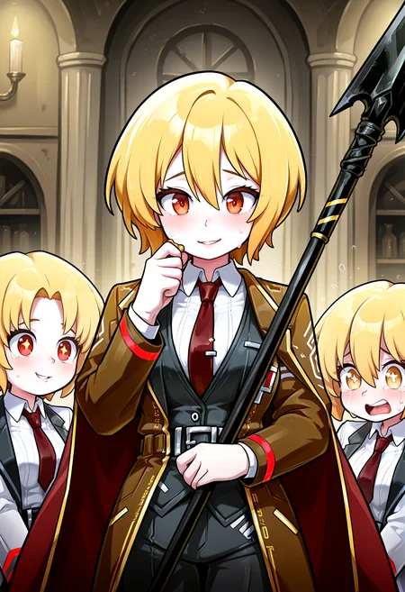 IllustriousQual <lora:StS-Illustrious-Detail-Slider-v1.0:2> <lora:cfg_scale_boost:0.3>,detailed_background,indoors,white jacket,wavy hair,brown coat,holding weapon,coat,white shirt,sancho \(project moon\),closed mouth,hand up,lennonrine,project moon,holding,necktie,sparkling eyes,multiple persona,notched lapels,red necktie,collared shirt,weapon,blonde hair,polearm,don quixote \(project moon\),crying,red eyes,multiple girls,3girls,lapels,gold trim,limbus company,parted bangs,red cape,lance,shirt,cape,jacket,highres