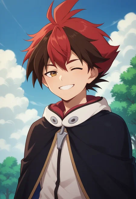 score_9, score_8_up, score_7_up, source_anime, highly detailed,
hiroryuga, 1boy, male focus, solo, red hair, multicolored hair, two-tone hair, cape, upper body,
brown hair, hood, smile, one eye closed,
outdoor, sky, clouds, tree