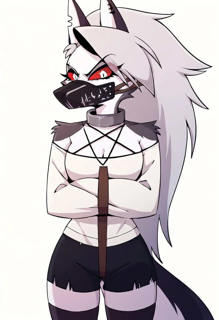 score_9, score_8_up, BREAK, source_anime, (1girl, solo), uncensored, perfect body, slim, thigh highs,
anthro, furry, ((angry, muzzled, black muzzle, shackles,, chain, chained, collar, metal collar, wearing straitjacket ,crossed arms, crotch strap,arms crossed, ((brown straps:1.6)), no visible hands, padded cell, shorts,),
Loona \(Helluva Boss\), <lora:LoonaXL:1>