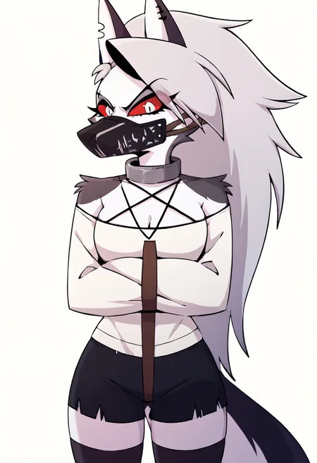 score_9, score_8_up, BREAK, source_anime, (1girl, solo), uncensored, perfect body, slim, thigh highs,
anthro, furry, ((angry, muzzled, black muzzle, shackles,, chain, chained, collar, metal collar, wearing straitjacket ,crossed arms, crotch strap,arms crossed, ((brown straps:1.6)), no visible hands,  padded cell,  shorts,),
Loona \(Helluva Boss\), <lora:LoonaXL:1>
