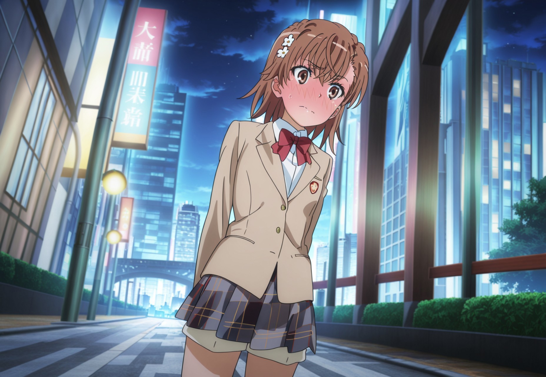 masterpiece, best quality, absurdres, highres, intricate details, very aesthetic, accurate art style, anime screencap, anime coloring, flat colors, official screencap, style parody, official art, proper proportions, extremely detailed, newest, 2025, BREAK, 1girl, misaka mikoto, short hair, brown hair, hair ornament, hair flower, school uniform, tokiwadai school uniform, whit shirt, bow, red bow, jacket, bowtie, blazer, brown jacket, red bowtie, plaid skirt, pleated skirt, plaid, shorts, white socks, loafers, brown loafers, shoes, BREAK, standing, embarrassed, blushing, BREAK, detailed background, outdoors, city landscape, sidewalk, midday, BREAK, perspective, cowboy shot, upskirt, from below, BREAK, vibrant colors, bloom, vignette, cinematic lighting, 75% soft lighting, 25% dark lighting