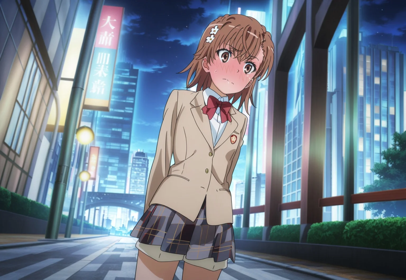 masterpiece, best quality, absurdres, highres, intricate details, very aesthetic, accurate art style, anime screencap, anime coloring, flat colors, official screencap, style parody, official art, proper proportions, extremely detailed, newest, 2025, BREAK, 1girl, misaka mikoto, short hair, brown hair, hair ornament, hair flower, school uniform, tokiwadai school uniform, whit shirt, bow, red bow, jacket, bowtie, blazer, brown jacket, red bowtie, plaid skirt, pleated skirt, plaid, shorts, white socks, loafers, brown loafers, shoes, BREAK, standing, embarrassed, blushing, BREAK, detailed background, outdoors, city landscape, sidewalk, midday, BREAK, perspective, cowboy shot, upskirt, from below, BREAK, vibrant colors, bloom, vignette, cinematic lighting, 75% soft lighting, 25% dark lighting