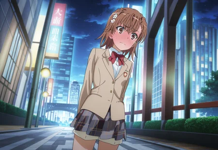 masterpiece, best quality, absurdres, highres, intricate details, very aesthetic, accurate art style, anime screencap, anime coloring, flat colors, official screencap, style parody, official art, proper proportions, extremely detailed, newest, 2025, BREAK, 1girl, misaka mikoto, short hair, brown hair, hair ornament, hair flower, school uniform, tokiwadai school uniform, whit shirt, bow, red bow, jacket, bowtie, blazer, brown jacket, red bowtie, plaid skirt, pleated skirt, plaid, shorts, white socks, loafers, brown loafers, shoes, BREAK, standing, embarrassed, blushing, BREAK, detailed background, outdoors, city landscape, sidewalk, midday, BREAK, perspective, cowboy shot, upskirt, from below, BREAK, vibrant colors, bloom, vignette, cinematic lighting, 75% soft lighting, 25% dark lighting