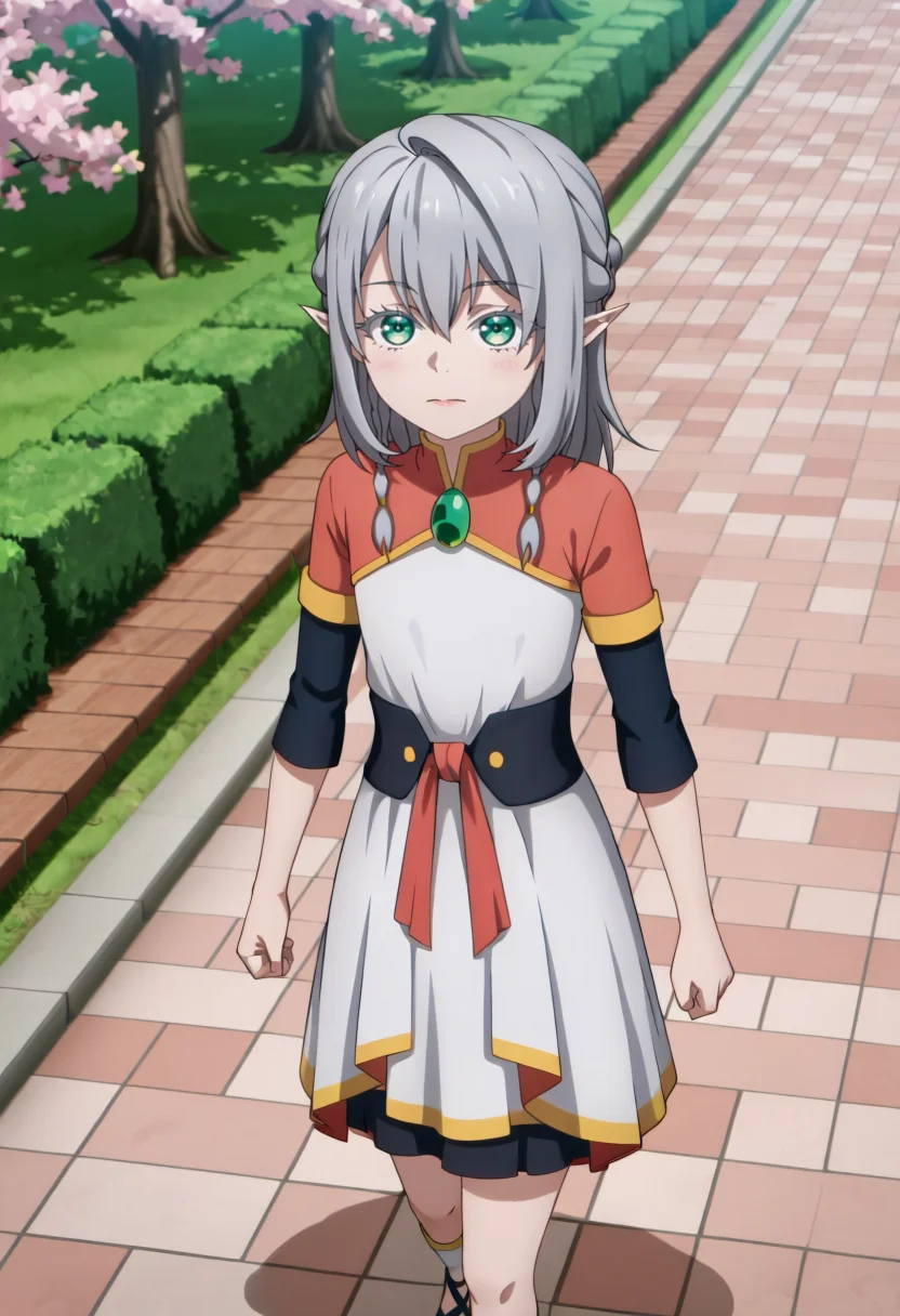 <lora:Young Tessia_IL:1>Young Tessia, 1girl, gray hair, pointed ears, elf, green eyes, white asymmetrical dress with yellow trim, red sash waist tie, black long-sleeve undershirt, green gem pendant necklace, white thigh-high socks, black crisscross strap shoes
Public garden with cherry blossom trees and benches