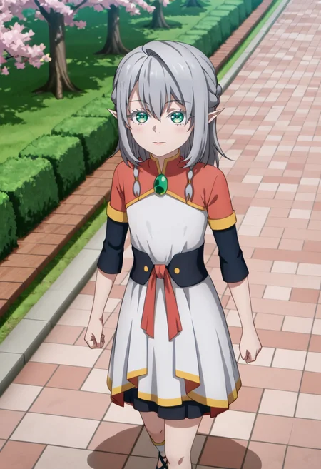 <lora:Young Tessia_IL:1>Young Tessia, 1girl, gray hair, pointed ears, elf, green eyes, white asymmetrical dress with yellow trim, red sash waist tie, black long-sleeve undershirt, green gem pendant necklace, white thigh-high socks, black crisscross strap shoes
Public garden with cherry blossom trees and benches