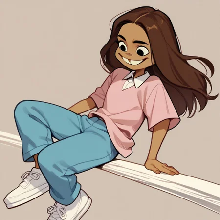 score_9, score_8_up, score_7_up BREAK KimCat, 1girl, long brown hair, tan skin, black eyes, tooth gap, white-collared short-sleeved pink shirt, blue pants, white shoes,