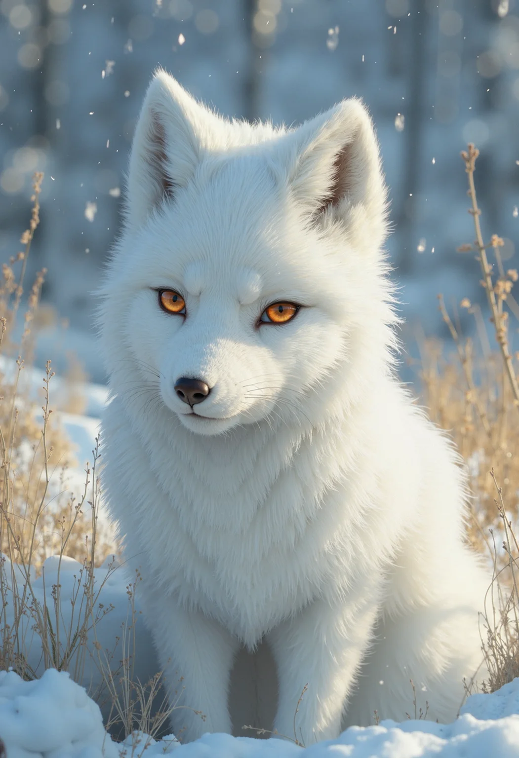 Beautiful arctic fox with white fur and amber eyes sitting in a snowy, grassy landscape. A serene winter wildlife moment.
