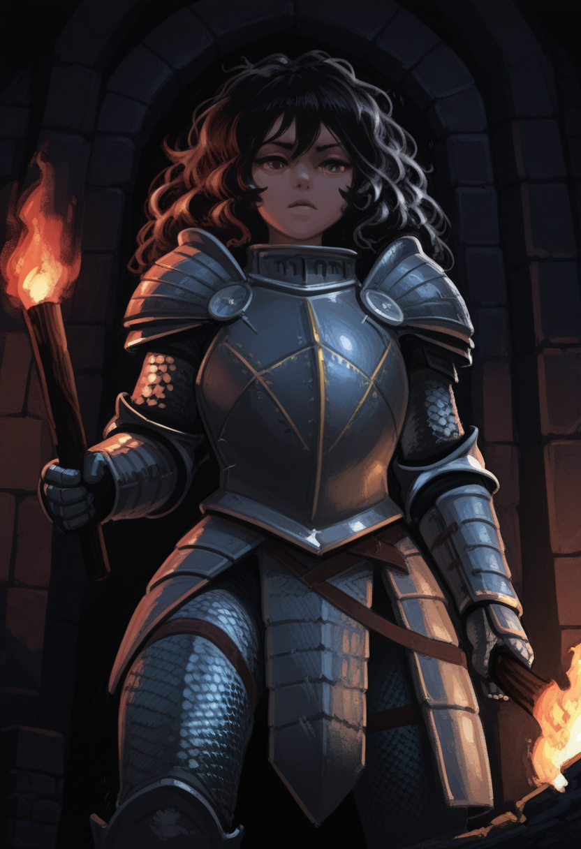 forbiddenstyle, masterpiece, best quality, solo,                                                                                                                                                                                      1girl, black messy hair, armor, dungeon crypt, holding torch, dark, 
