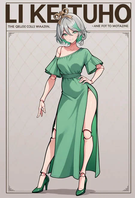 masterpiece, best quality, 1girl, solo, Cec1l1a, green eyes, winding key hair ornament, doll joints, grey hair, colored inner hair, streaked hair, short hair, side braid, lineart, sketch, traditional media, green dress, single bare shoulder, side slit, high heels, hand on hip, smile, magazine cover, pose, dynamic pose, photo shoo, <lora:ChamCeciliaImmergreenV2IllustriousXL:1>