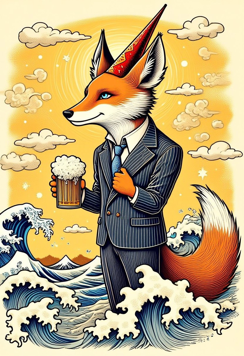 UkiyoFusion, High energy hand-drawn illustration featuring, a fox wearing a buisness suit and a cone-shaped party hat with somewhat regal look, he is holding a mug full of beer in his hand, he is surrounded with swirling yellow ocean waves with white foam