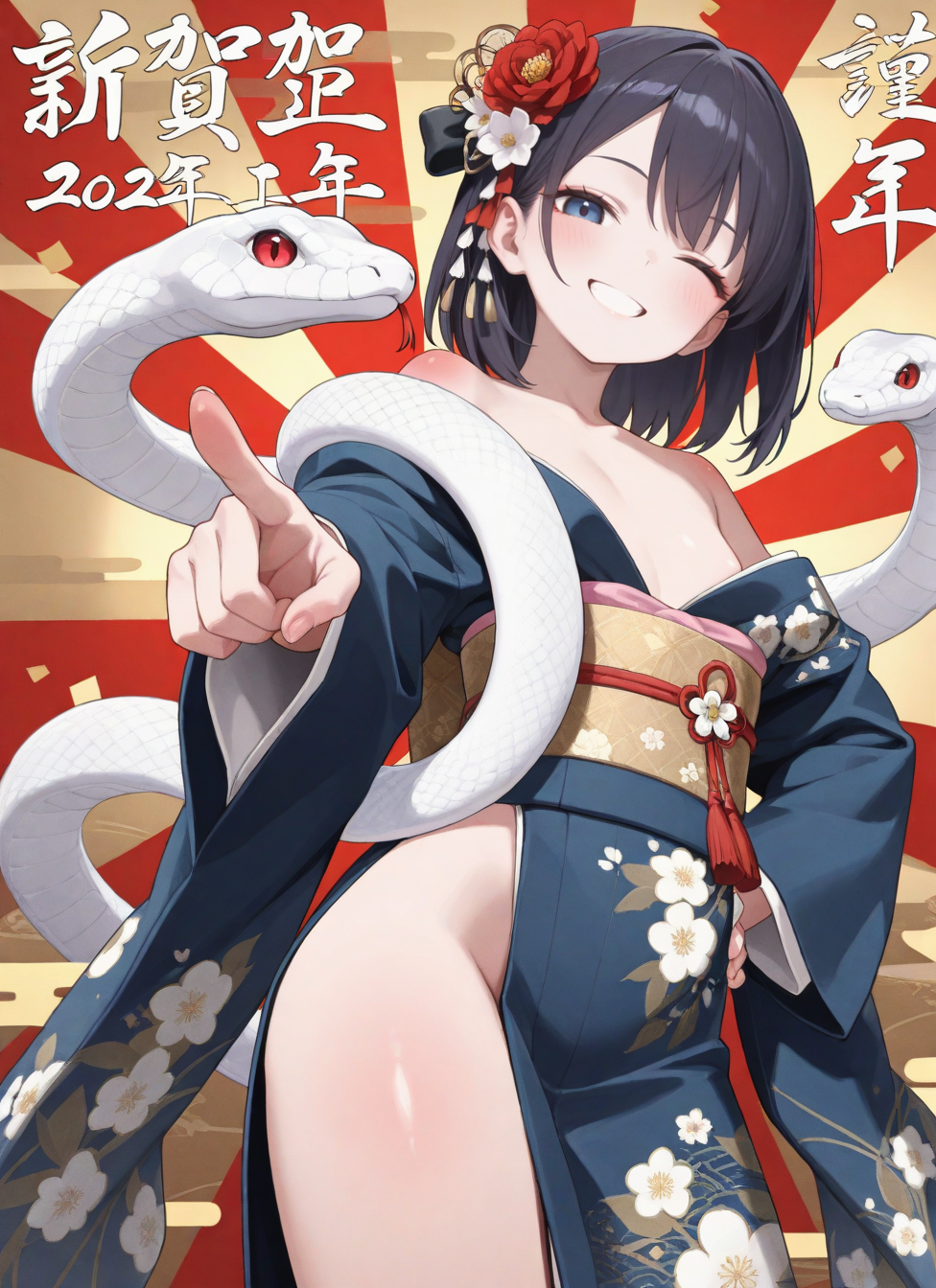 best quality, masterpiece, anime_screencap, hi res, best_quality, very aesthetic, absurdres, 8k, tlwy, 1girl, solo,
female_focus, slender,
small_breasts, flat_chest,
smile, happy, open_mouth,
pointing_at_viewer, winking_at_viewer, hand on hip, hair ribbon,
japanese_clothes, kimono, print kimono, obi, obijime, kanzashi, hair flower, nengajou, happy new year, chinese zodiac, 2025 , snake,  sunburst background, new year, revealing clothes, from below,, , parted lips, half closed eyes,, <BREAK> (body blush:1.2),, <BREAK> , masterpiece, amazing quality, best quality, ultra-detailed, 8K, illustration, CG, clear skin, ultra-detailed-eyes, soft skin,