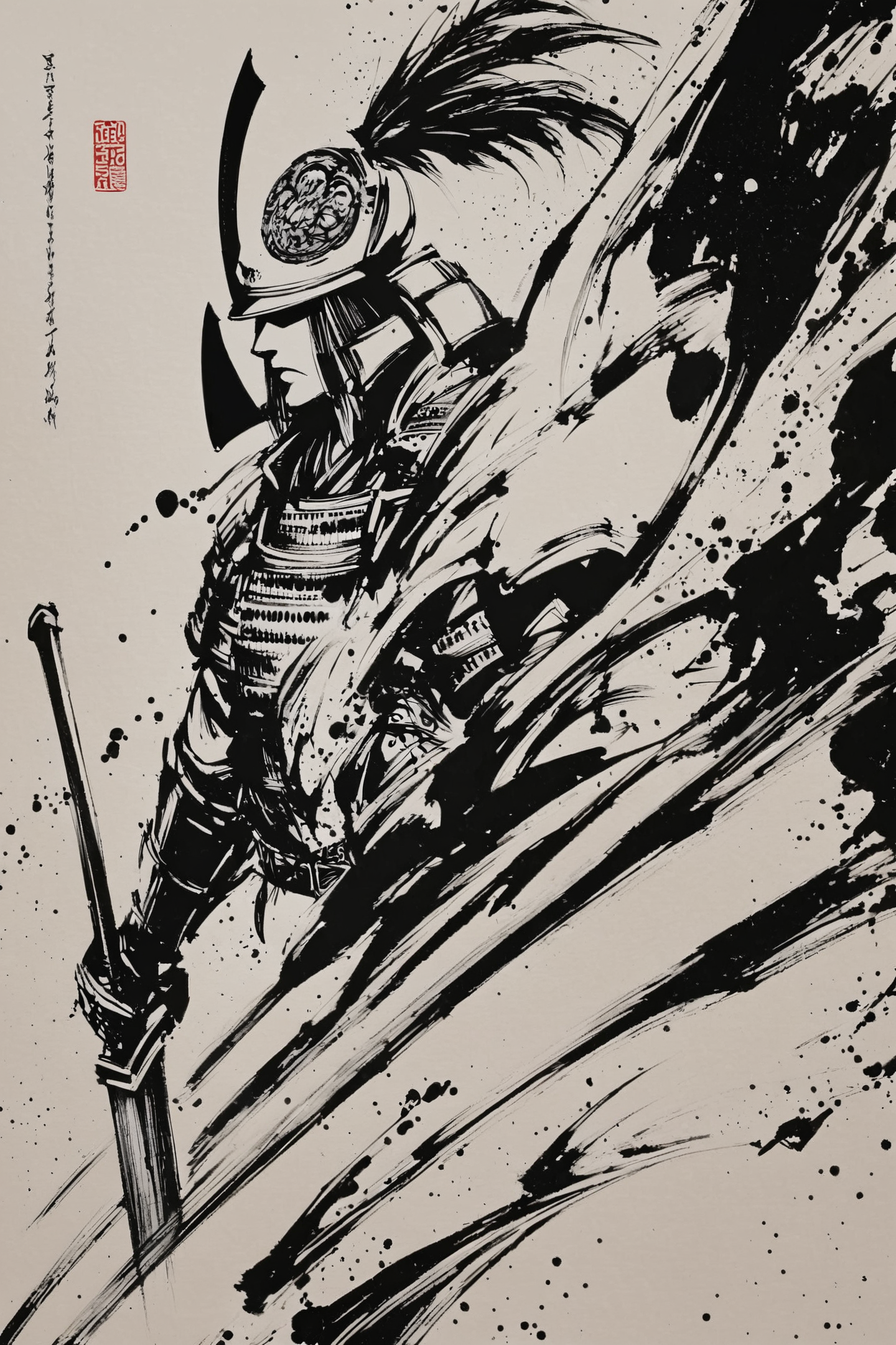 armor,helmet,samurai,weapon,japanese armor,solo,1boy,monochrome,sword,male focus,shoulder armor,full armor,holding,kabuto \(helmet\),holding weapon,greyscale,holding sword,traditional media,
<lora:okazu_XL:0.9>,