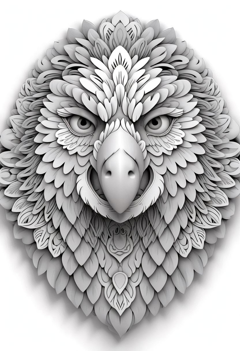 Mandala style,Coloring page , 3d mandala pattern, Eagle head , greyscale
