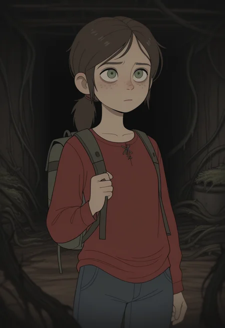 W411, masterpiece, best quality, solo, ellie\(the last of us\), green eyes, ponytail, freckles, store, moss, vines, backpack,, red shirt, aisles, dark,
