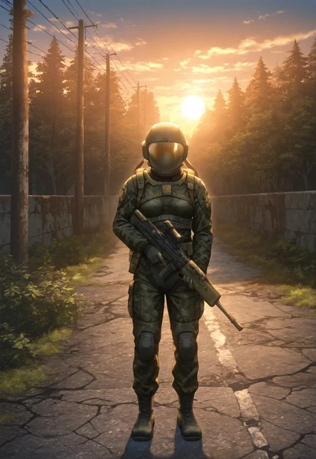 masterpiece, best quality, newest, absurdres, highres, detailed eyes, beautiful, detailed background, glavakolhoza_sevasuit, StalkerWorld, 1 girl, AliceDV, (helmet), (mature),
standing close-up, sci-fi suit, green camouflage clothes, backpack, holding weapon, SA80, magazine \(weapon\),
medium breasts, fit, sunrise, outdoor, detailed, realistic style, dim lighting, detailed background, soft shading, smooth textures, abandoned atmosphere, semi-realistic, industrial ruins, power lines, greenery, trees, nature, scenery, scenic, distant industrial constructions, industrial area,
<lora:Dramatic Lighting Slider:4>  <lora:add-detail-xl:3>  <lora:stalker_XL:0.8>  <lora:glavakolhoza_sevasuit:0.8>  <lora:Alice_illustriousXL_V2:0.8>  <lora:L85-SA80 [Illustrious]:1> SA80