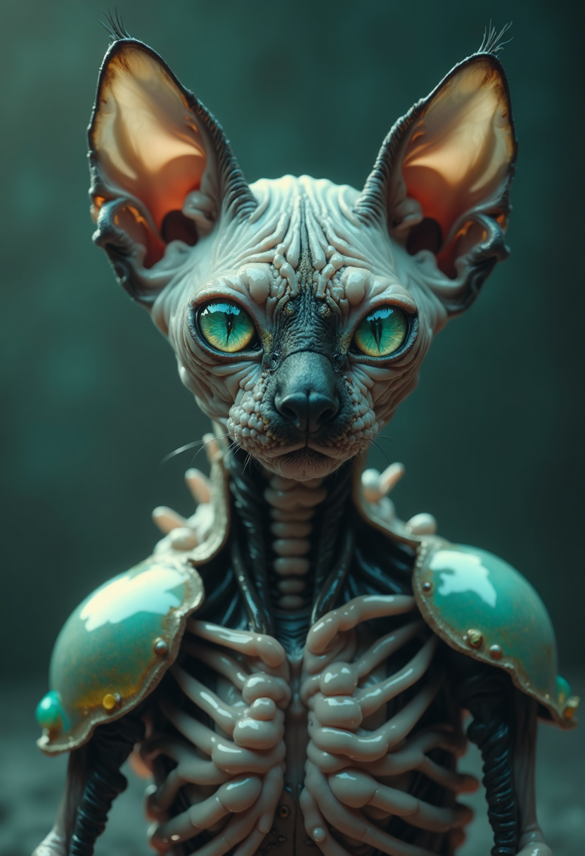 cinematic film still a captivating and photorealistic image of a sphynx cat with striking green eyes wearing b10t4c34an, iridescent exoskeleton, showcasing its unique wrinkled skin texture and sleek black nose.
 . shallow depth of field, vignette, highly detailed, high budget, bokeh, cinemascope, moody, epic, gorgeous, film grain, grainy