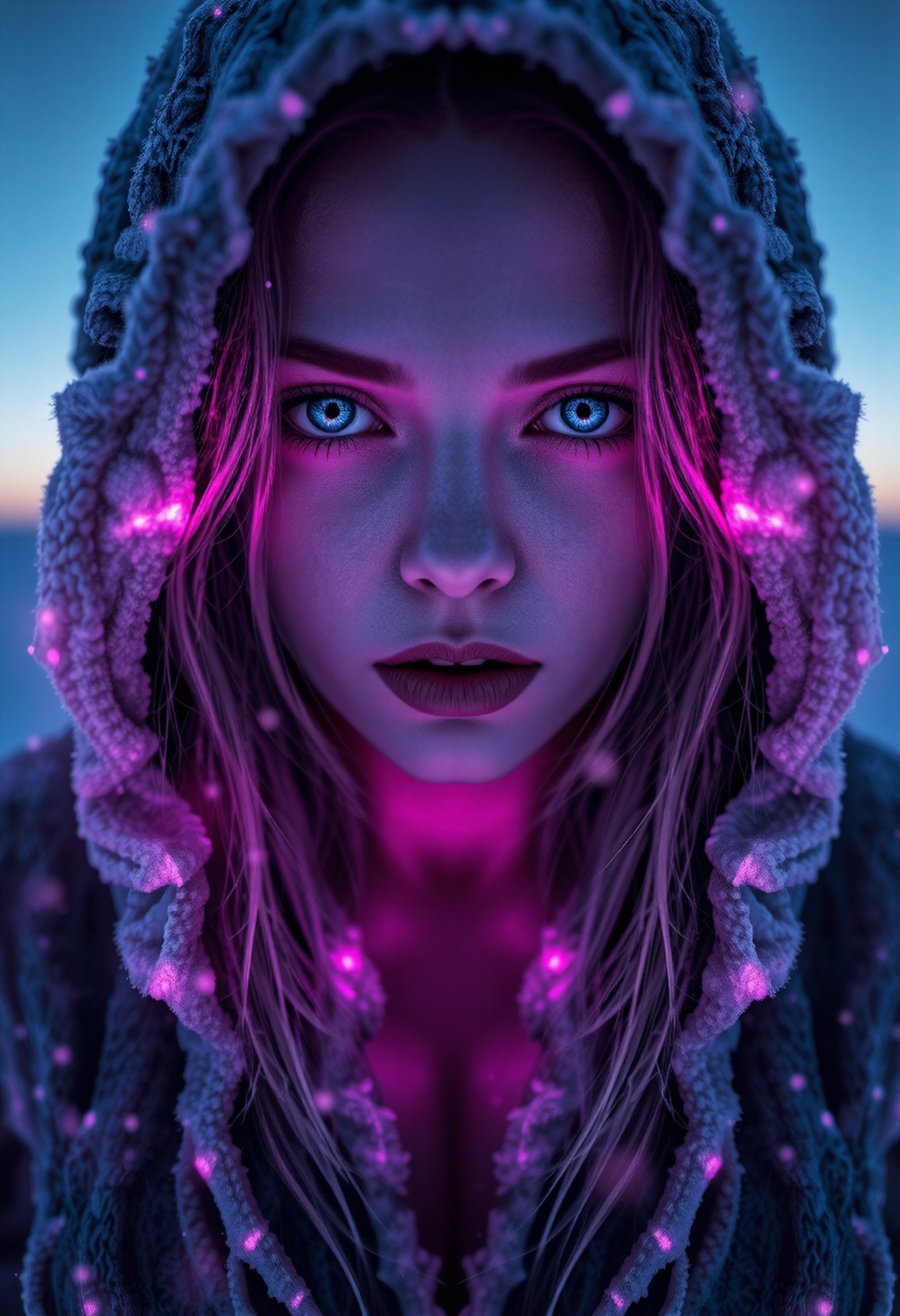 A symmetric portrait of a woman, (evil frozen necromancer woman:1.3), features dissolving into frozen magic thin, luminescent blue lines. Weighted Voronoi stippling and laser caustics create a network, transitioning from hyperrealistic detail to abstract, quantum-inspired forms. Ethereal hues blend, evoking existential transition and mystery. Close-up on face, evil skull partially visible. Set against a twilight arctic backdrop, icy winds ripple through her tattered robes. Rendered in a fusion of photorealism and digital surrealism, the scene is illuminated by ghostly Northern Lights. Emphasis on cold, menacing atmosphere, invoking Nordic myths, breasts, bright eyes, masterpiece