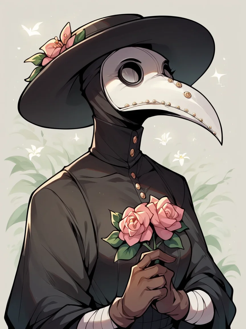 score_9, score_8_up, score_7_up, score_6_up, score_5_up, <lora:PlagueDoctorXLP:1> plague doctor, mask, hat, solo, gloves, dress, 1girl, portrait, flower,