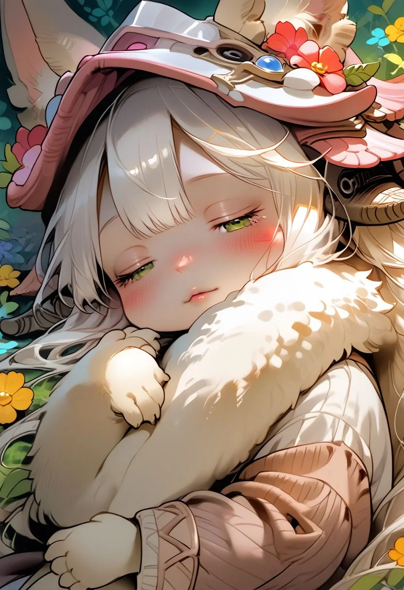 score_9, score_8_up, score_7_up, source_cartoon, 1girl, nanachi, \(made in abyss\)/,(ultra HD quality details), green eyes, white hair, furry, animal ears, tail, sidelocks, solo, adorable nanachi, sleeping on a flower, sleeping, (tiny size, sleeping:1.2), blushing, moaning, (puffy pants, helmet, long hair, ears through headwear:1.1), colorful detailed flower background, (detailed image, high resolution, 5k resolution:1.0), Expressiveh,